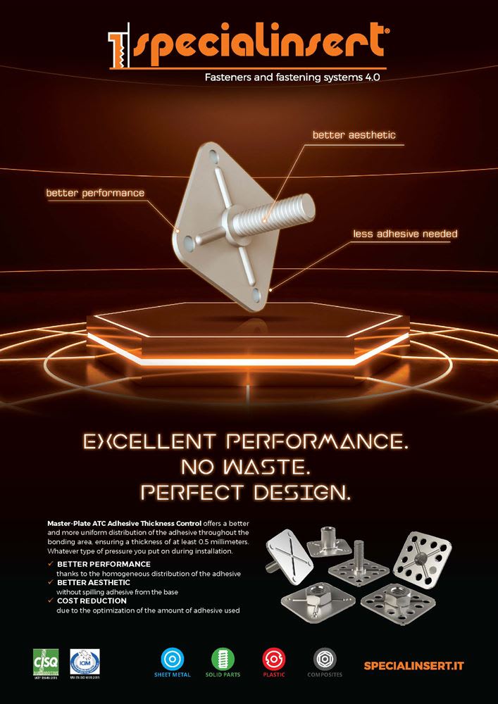 Specialinsert Master-Plate ATC adhesive thickness control fasteners, illustrating benefits like better performance, aesthetic, and reduced adhesive usage for materials including sheet metal, plastic, and composites.
