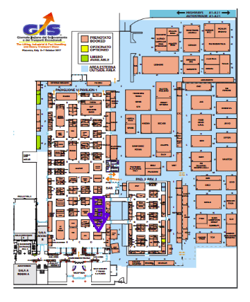 Planimetria della fiera GIS (Giornate Italiane del Sollevamento e dei Trasporti Eccezionali) di Piacenza, ottobre 2017, che mostra il layout dei padiglioni 1 e 2 con stand espositivi. Una legenda a colori indica gli spazi prenotati, opzionati o disponibili, e una freccia viola evidenzia un'area specifica nel Padiglione 1.