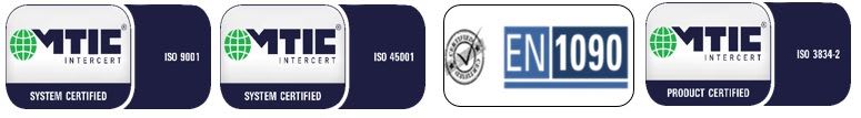 Loghi di certificazione MTIE Intercert: ISO 9001 (sistema certificato), ISO 45001 (sistema certificato), EN 1090, e ISO 3834-2 (prodotto certificato).