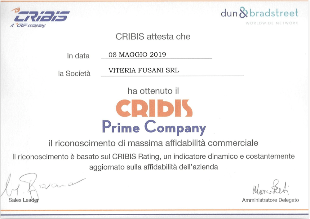 Certificat CRIBIS Prime Company attribué à VITERIA FUSANI SRL le 8 mai 2019, attestant de sa maximale fiabilité commerciale.