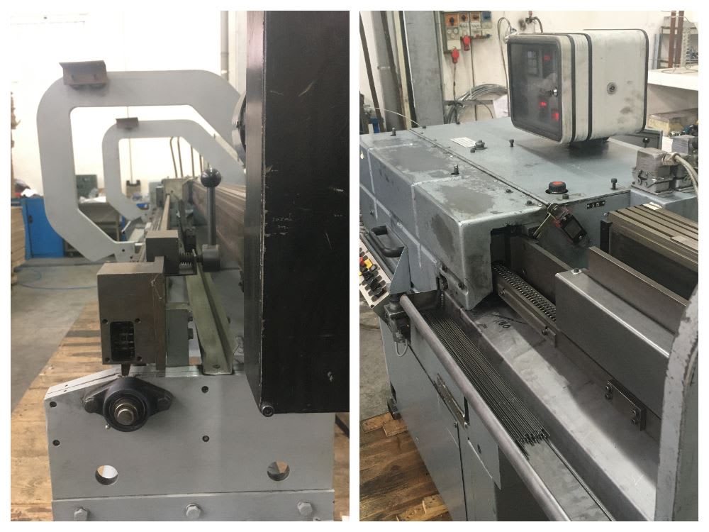 Macchina industriale automatica per la lavorazione e piegatura di fili o barre metalliche, con sistema di alimentazione a catena e pannello di controllo.