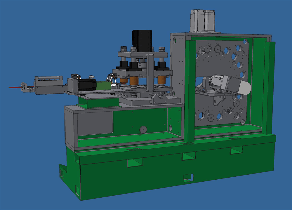Rendering CAD 3D di un macchinario industriale automatizzato verde e grigio, con sistema di alimentazione del materiale a sinistra, stazione di processo centrale e braccio robotico per la manipolazione di componenti a destra.