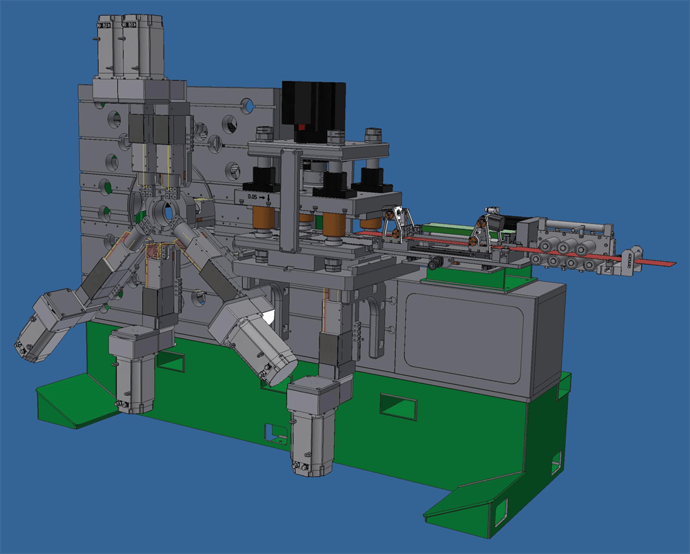 Rendering CAD 3D di un sistema di automazione industriale, completo di bracci robotici di precisione e un'unità di alimentazione e lavorazione per materiali a profilo.