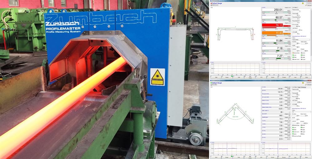 Zumbach PROFILMASTER Lasermesssystem zur präzisen Qualitätskontrolle von glühenden Metallprofilen in einer Industrieanlage, mit Messdaten und Profildarstellung auf Überwachungsbildschirmen.