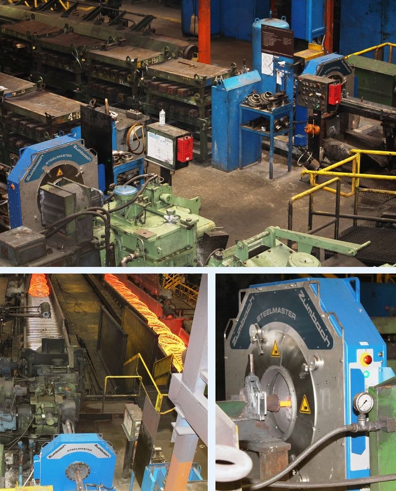 Industrial steel mill production line with Zumbach Steelmaster measurement systems and hot rolled steel bars moving through machinery.