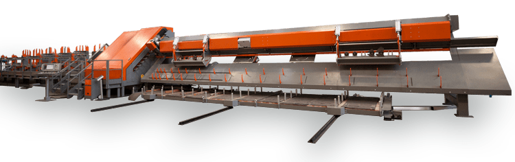 Ligne de production industrielle automatisée orange et grise, avec convoyeur incliné et système de tri multi-compartiments.