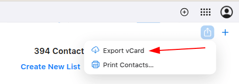 לוחצים על ייצוא vCard