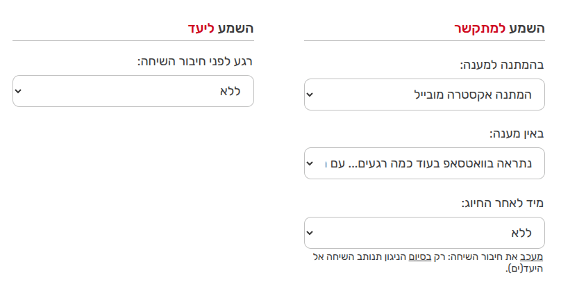 הגדרות שמע הכוללות בחירת קבצי קול עבור הודעת פתיחה ומוזיקה בהמתנה