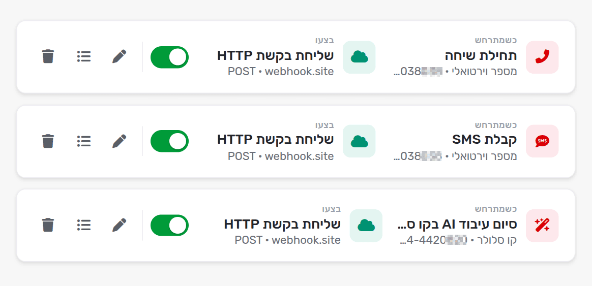 רשימת האוטומציות באיזור האישי: שלוש אוטומציות Webhook פעילות - תחילת שיחה, קבלת SMS וסיום עיבוד AI