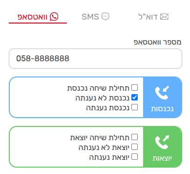 ממשק הגדרת התראות המציג אפשרויות למשלוח הודעות לוואטסאפ או למייל עבור סטטוסים שונים של שיחות