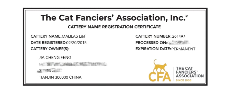 Malilas L&F Cattery certificate