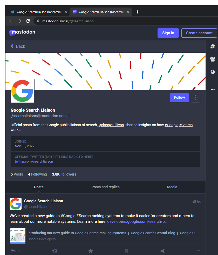 Google Search Liaison, Mastodon