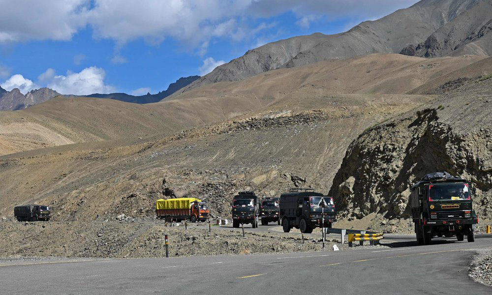 An Indian military convoy driving toward the border with China in June 29, 2020.