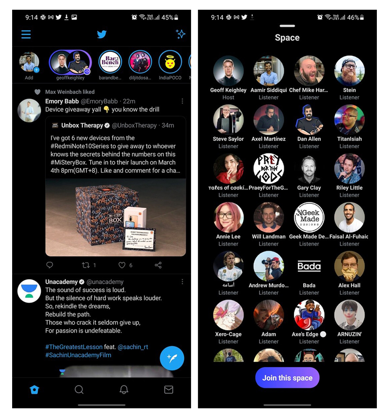 Twitter Spaces, Android