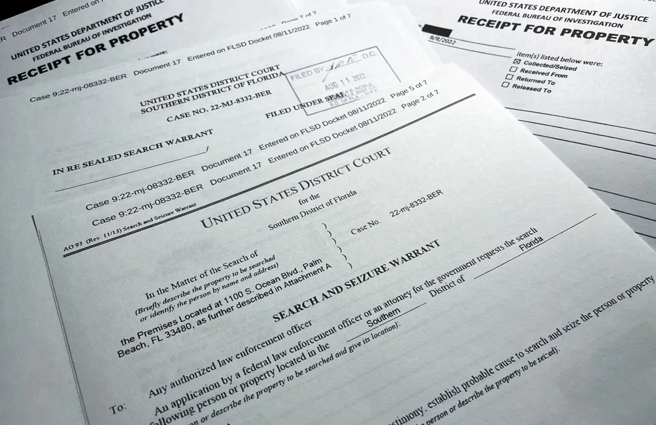 The first page of a search warrant approved by a U.S. District Court magistrate judge, that allowed FBI agents to raid Donald Trump's Mar-a-Lago estate