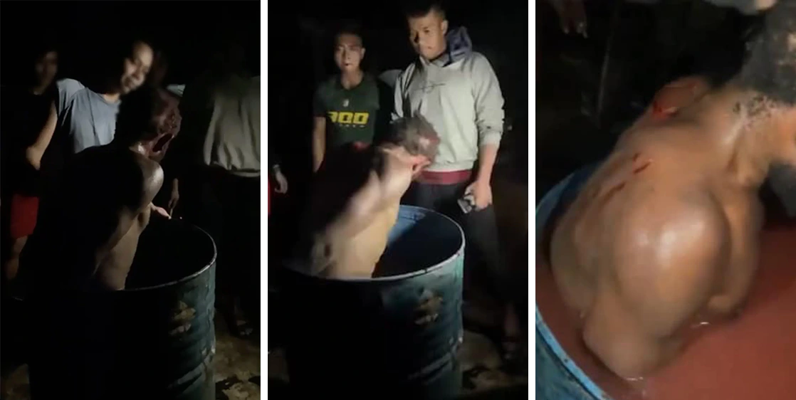 Screenshots of a video that went viral, showing a man being tortured by a bunch of other men.