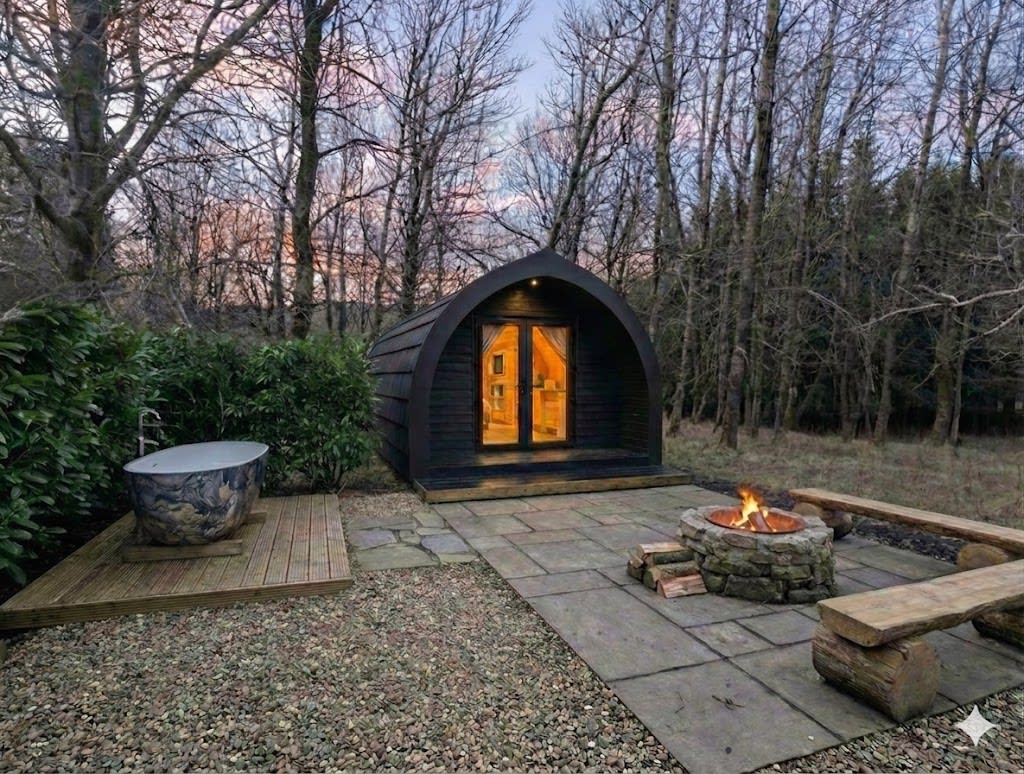 Luxury glamping pod at dusk, Tarn Sike Woodland Retreat