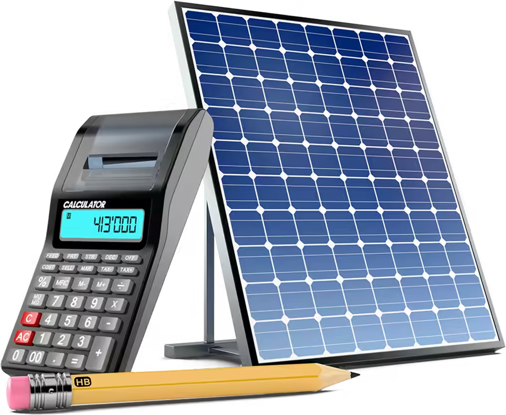 Calculator, solar panel, and pencil.