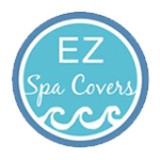 Logo of EZ Spa Covers featuring the company name in white text on a light blue background with a wave design at the bottom.