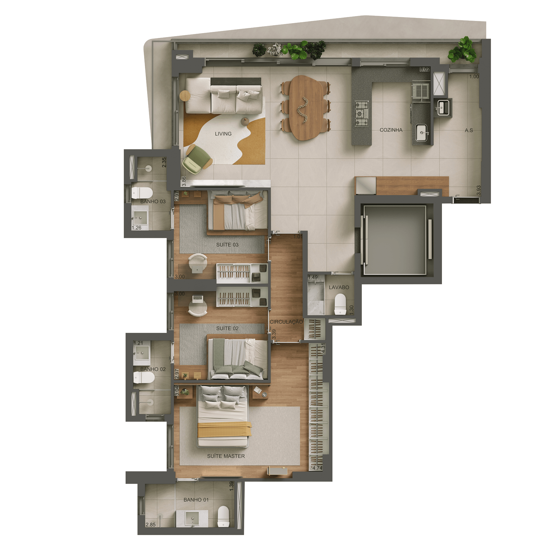 Planta baixa 3 suítes 114,04m²