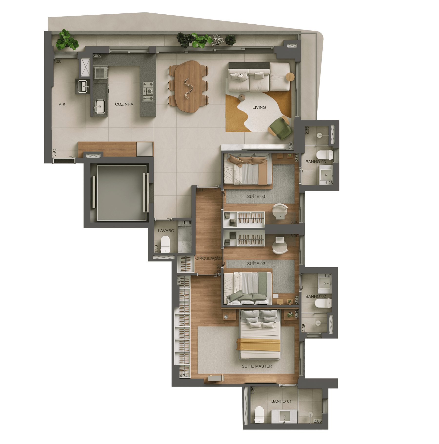 Planta baixa 3 suítes 115,07m²