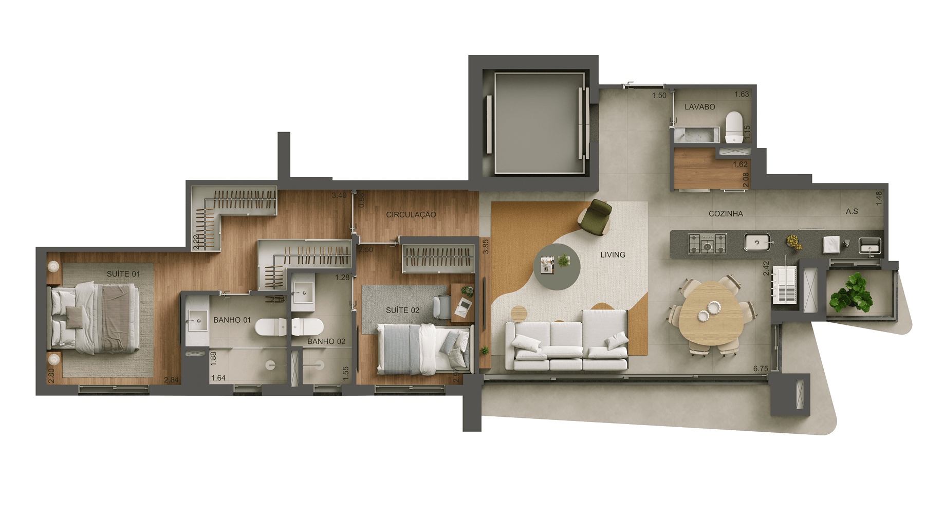 Planta baixa 2 suítes 78,64m²