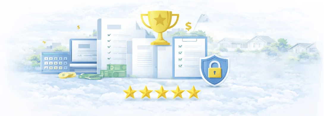 Documents and trophy with 5 stars