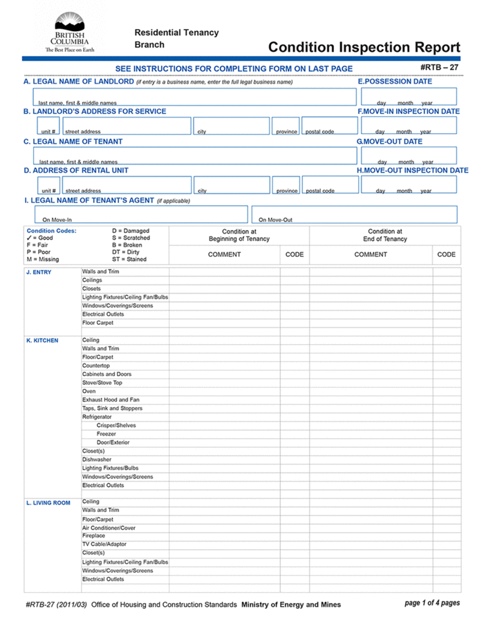 BC Rental Condition Inspection Report (RTB-27)