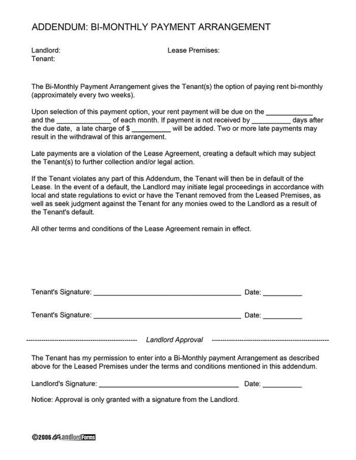 bi weekly payment arrangement ezlandlordforms