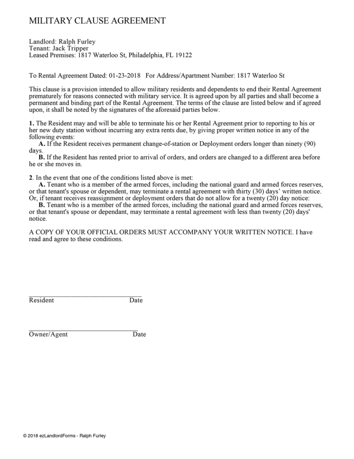 Military Clause Agreement Ezlandlordforms