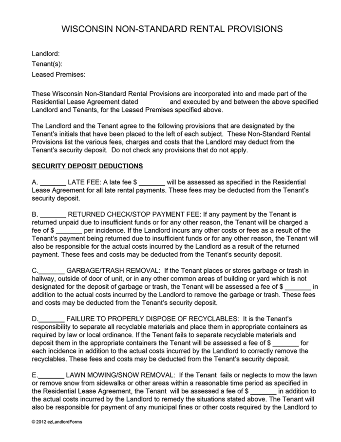wisconsin non standard lease provisions addendum ezlandlordforms