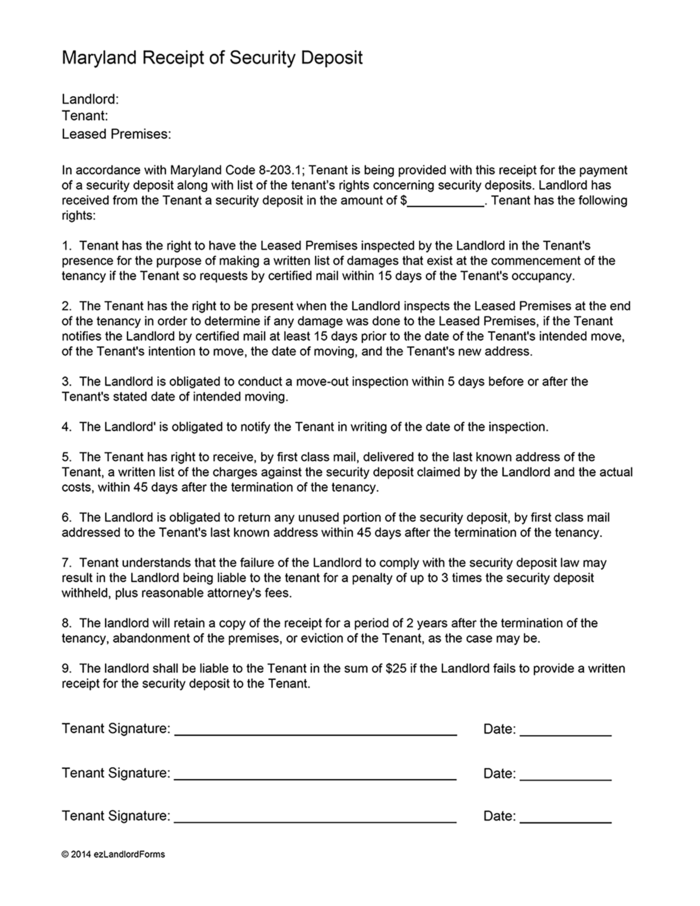 Maryland Security Deposit Receipt | ezLandlordForms