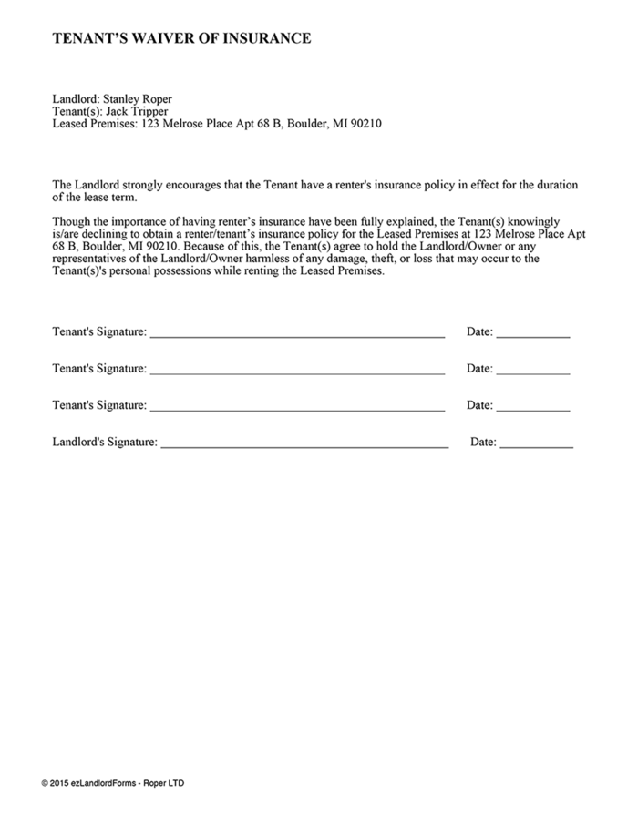 Tenant S Waiver Of Insurance Ezlandlordforms