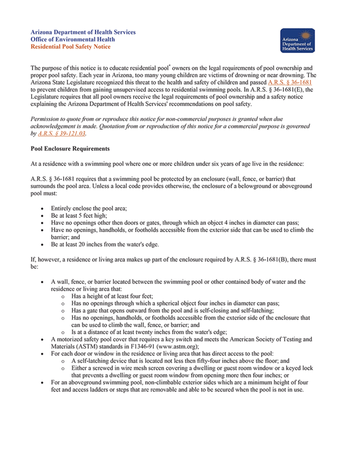 Arizona Residential Pool Safety Notice | ezLandlordForms