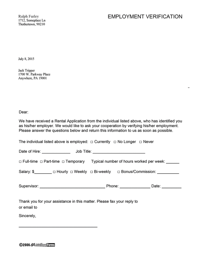 sample employment verification letter for apartment