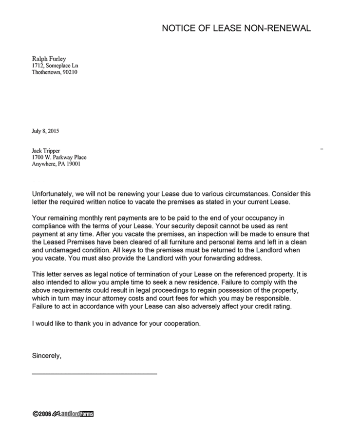 Tenant Sample Letter To Landlord Not Renewing Lease