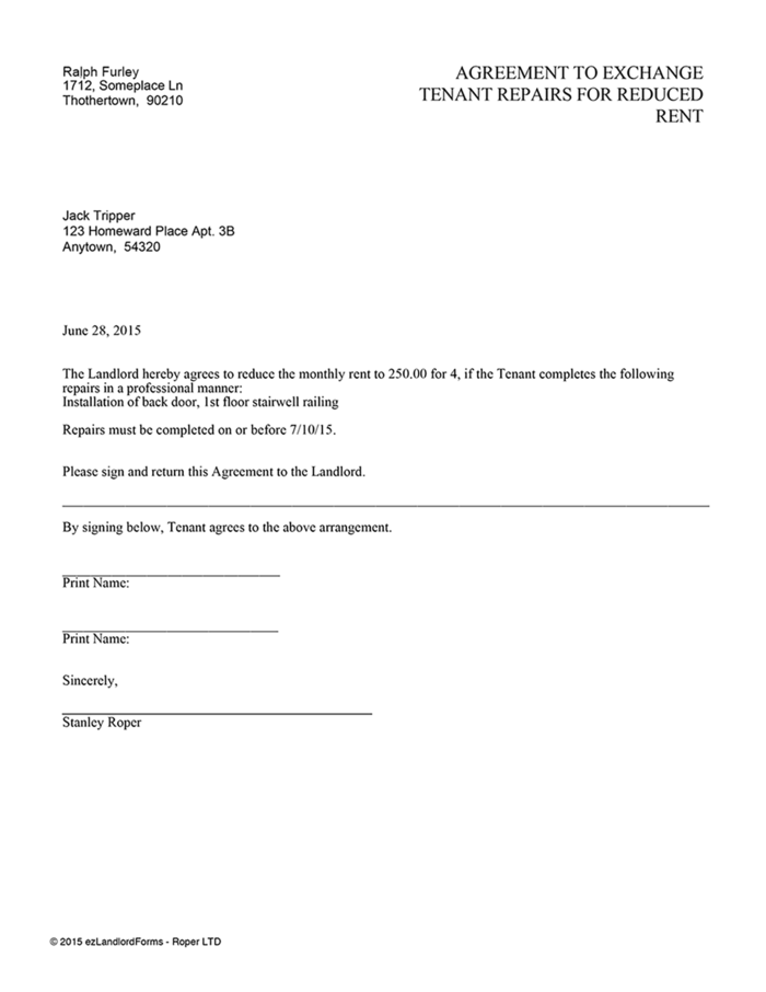 agreement to exchange tenant repairs for reduced rent ezlandlordforms