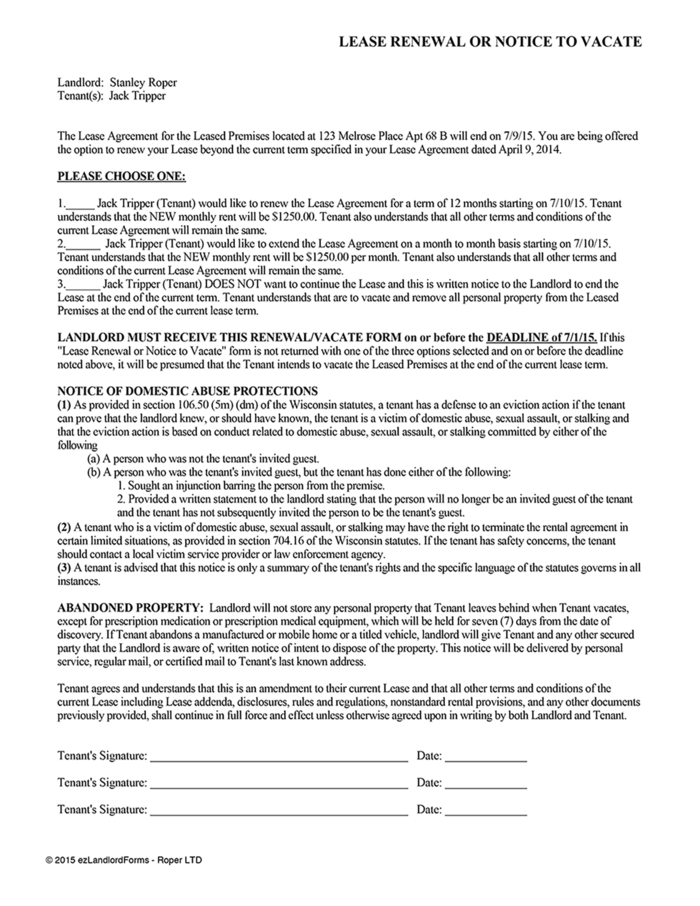 wisconsin lease renewal or notice to vacate ezlandlordforms