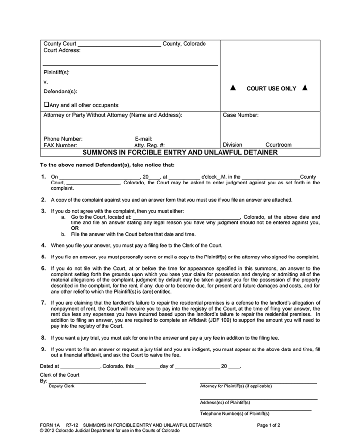 Colorado Forcible Entry &amp; Detainer Complaint | ezLandlordForms
