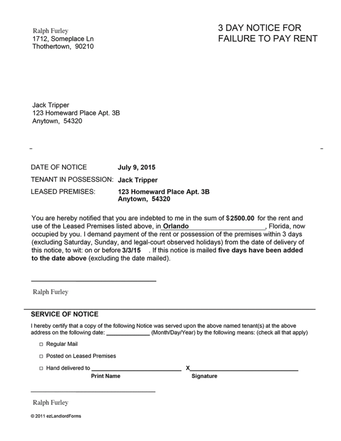 florida 3 day notice to pay rent ezlandlordforms