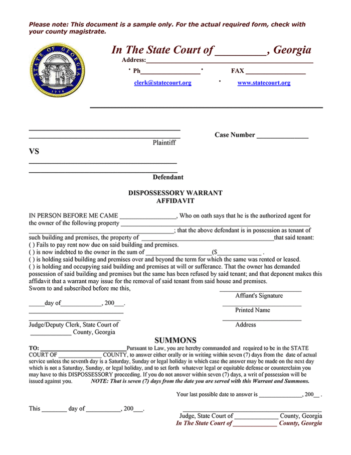 georgia sample dispossessory warrant affidavit ezlandlordforms