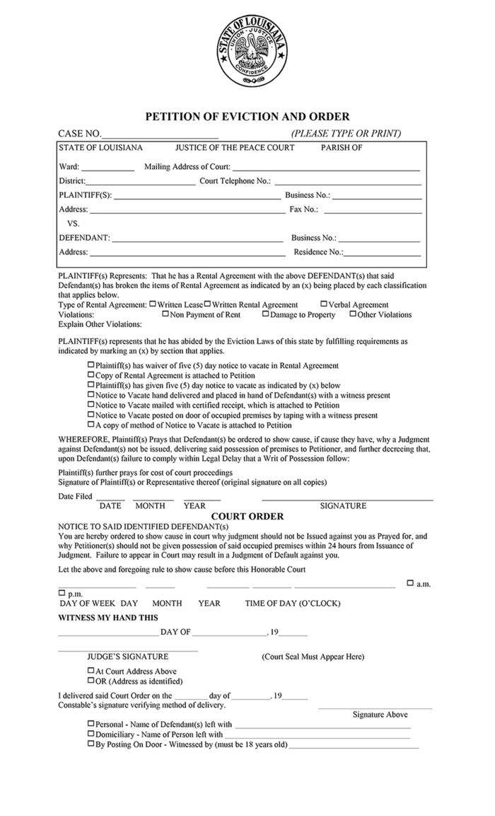 Louisiana Petition of Eviction | ezLandlordForms for Free Louisiana Eviction Notice Template