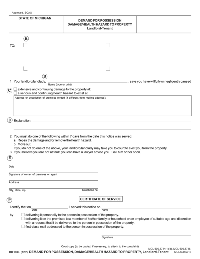 michigan notice to quit damage to premises or health hazard ezlandlordforms