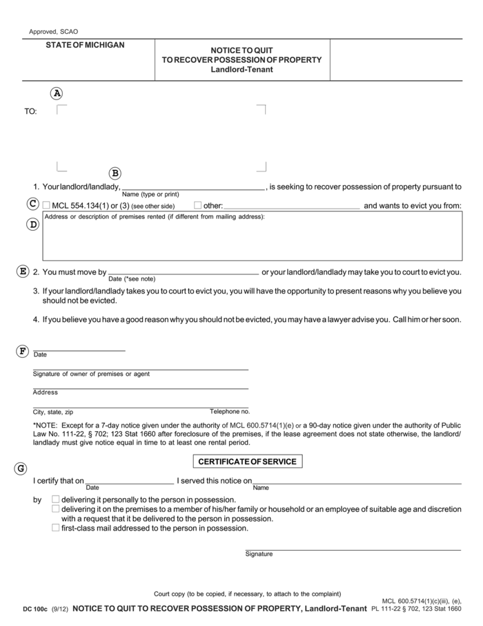 michigan notice to quit termination of tenancy ezlandlordforms