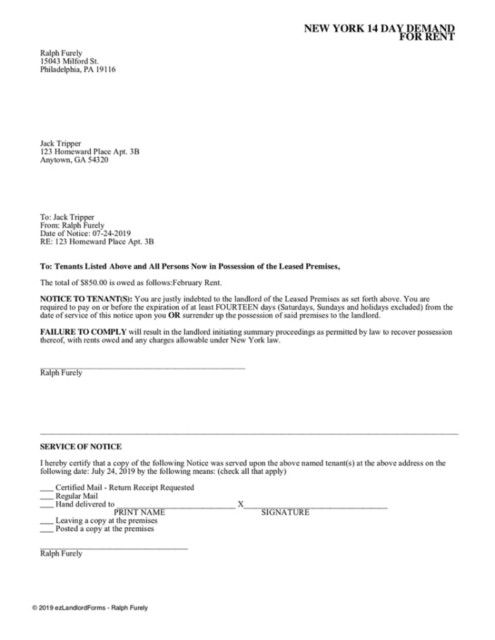 new york demand for rent 14 day notice ezlandlordforms