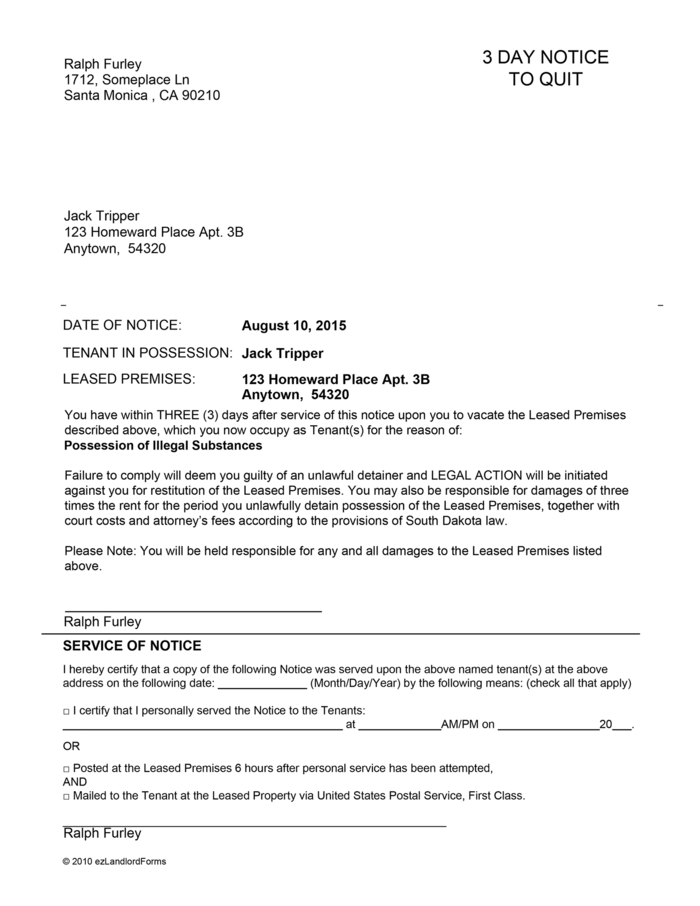 South Dakota 3 Day Notice to Quit | ezLandlordForms