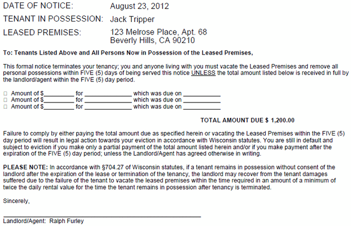 wisconsin 5 day notice to pay or vacate ezlandlordforms