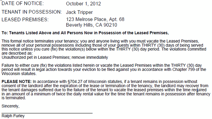 wisconsin 30 day notice to cure or vacate ezlandlordforms