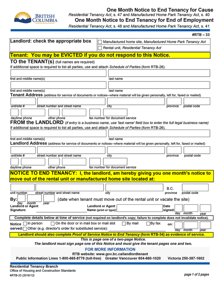 bc one month notice to end tenancy rtb 33 ezlandlordforms