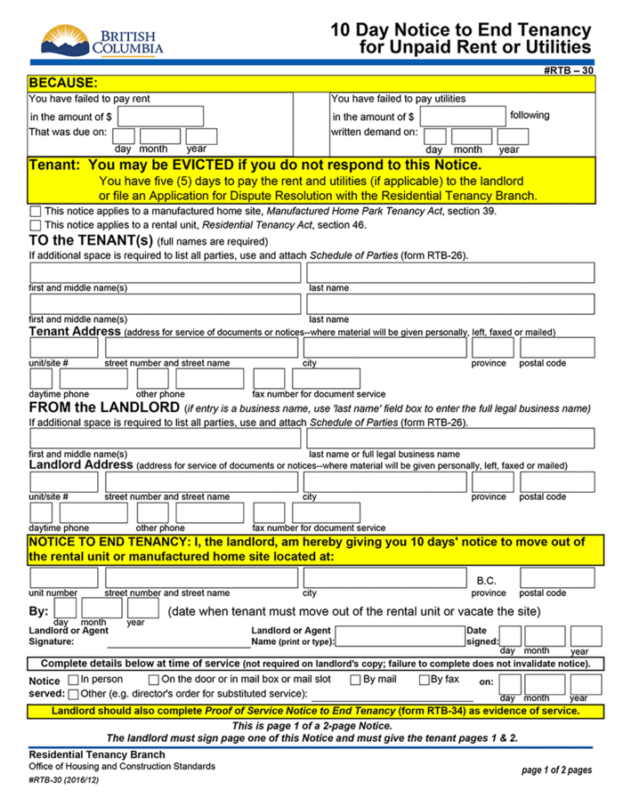 british columbia 10 day notice to end tenancy for unpaid rent or utilities rtb 30 ezlandlordforms